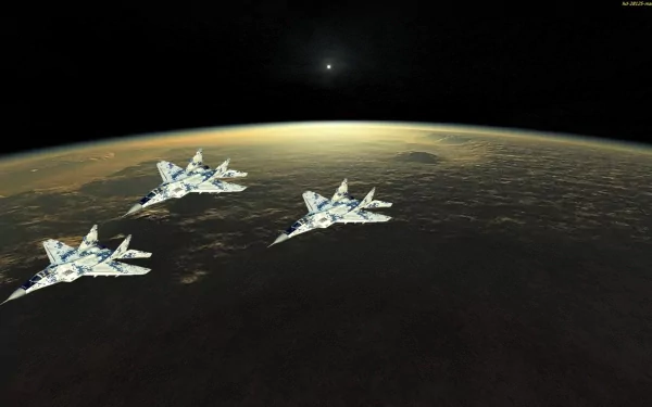 HD desktop wallpaper featuring three Mikoyan MiG-29 military jets flying over Earth with a dark space background and the sun on the horizon.