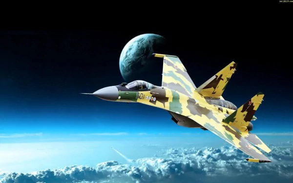 HD desktop wallpaper featuring a camouflaged Sukhoi Su-35 military jet fighter soaring above Earth with the planet visible in the background.