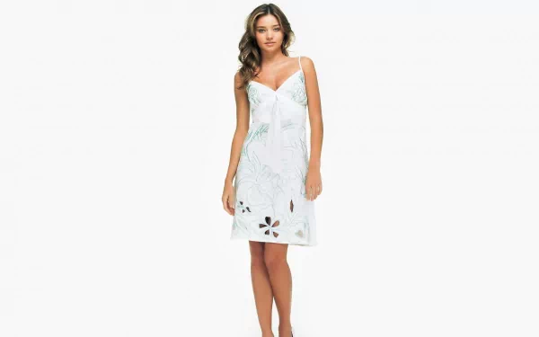 A high-definition desktop wallpaper featuring Miranda Kerr in a stylish white dress, showcasing her elegant pose against a clean background.