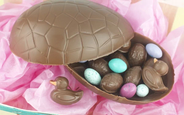 A rich chocolate egg open to reveal colorful candies, set against soft pink tissue, creating a delightful food-themed 4K Ultra HD desktop wallpaper.