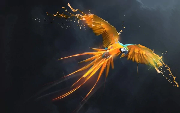 HD desktop wallpaper featuring a vibrant blue-and-yellow macaw in mid-flight, with dynamic splashes of paint blending into its feathers against a dark background.