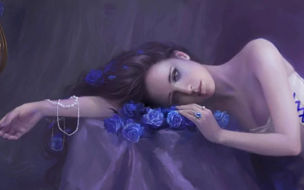 ring brown hair satin cage bluebird rose pearl woman artistic HD Desktop Wallpaper | Background Image