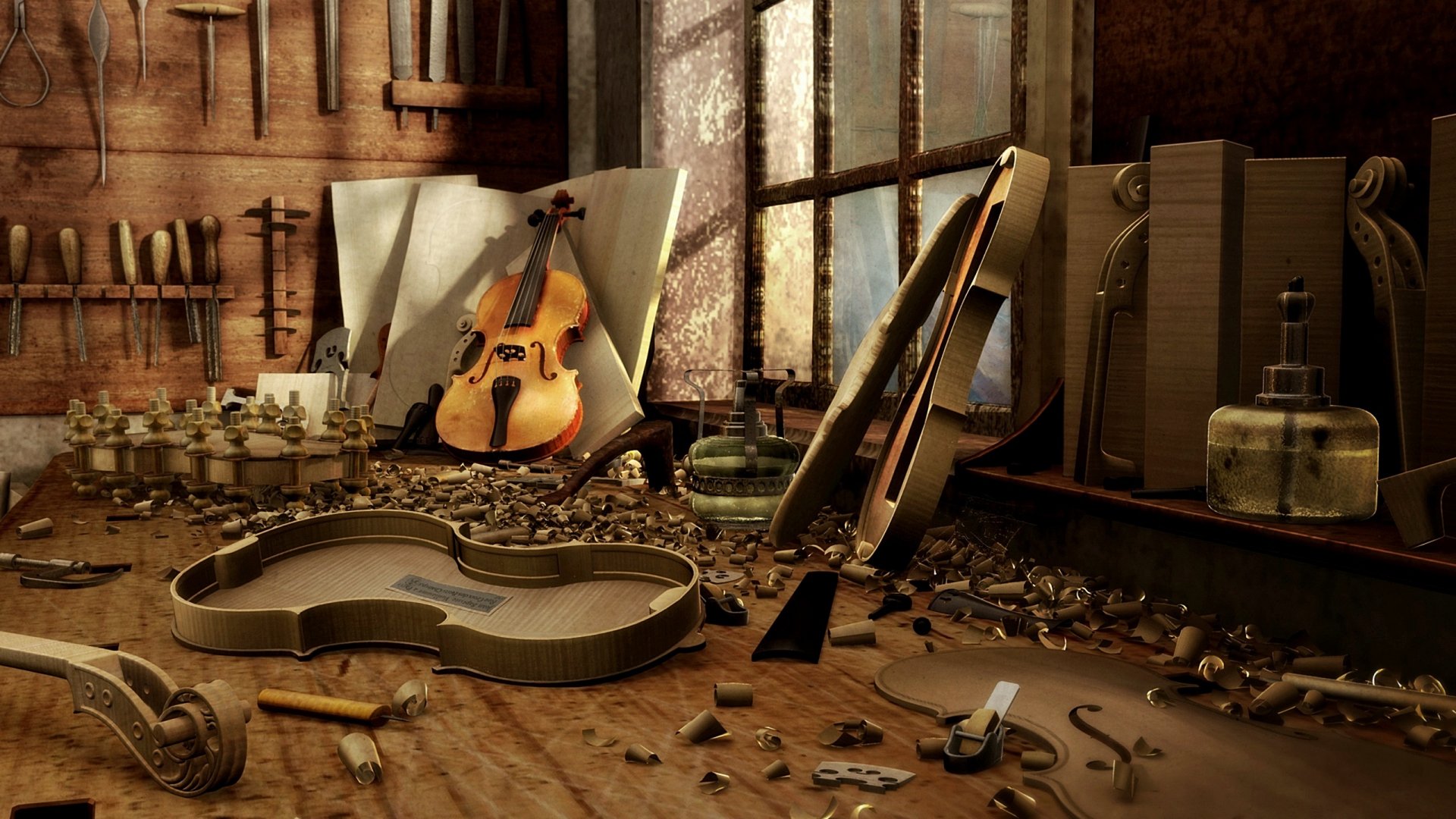 A beautifully detailed HD desktop wallpaper featuring a violin amidst a cluttered workshop filled with tools and parts, capturing the essence of music and craftsmanship.