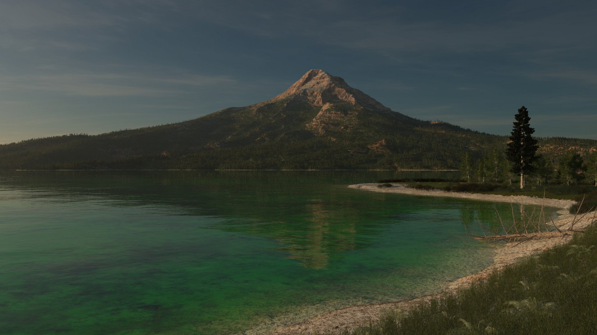 HD PC desktop wallpaper of a serene lake with clear green water reflecting a towering mountain under a calm blue sky, surrounded by trees and natural landscape.