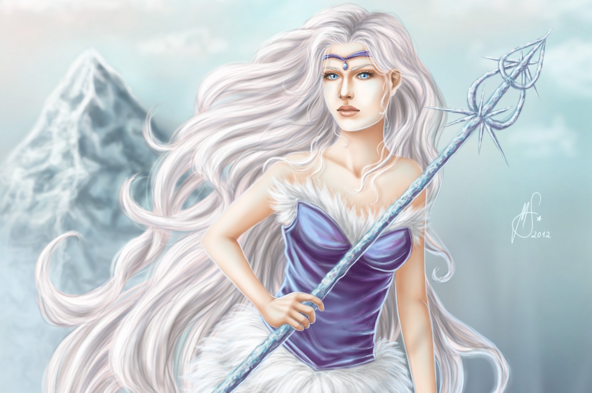 HD fantasy desktop wallpaper featuring a confident woman warrior with flowing white hair, holding a spear against a serene mountainous backdrop.