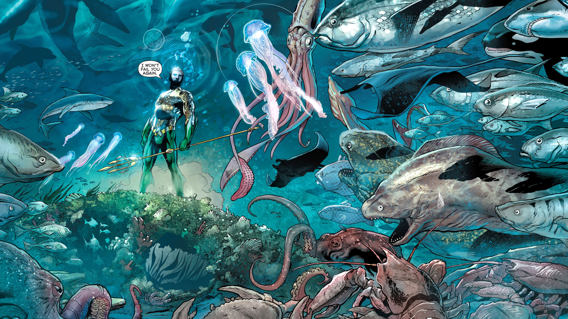 HD comic-style Aquaman desktop wallpaper depicting the hero underwater surrounded by diverse marine life and glowing jellyfish in a vibrant ocean scene.