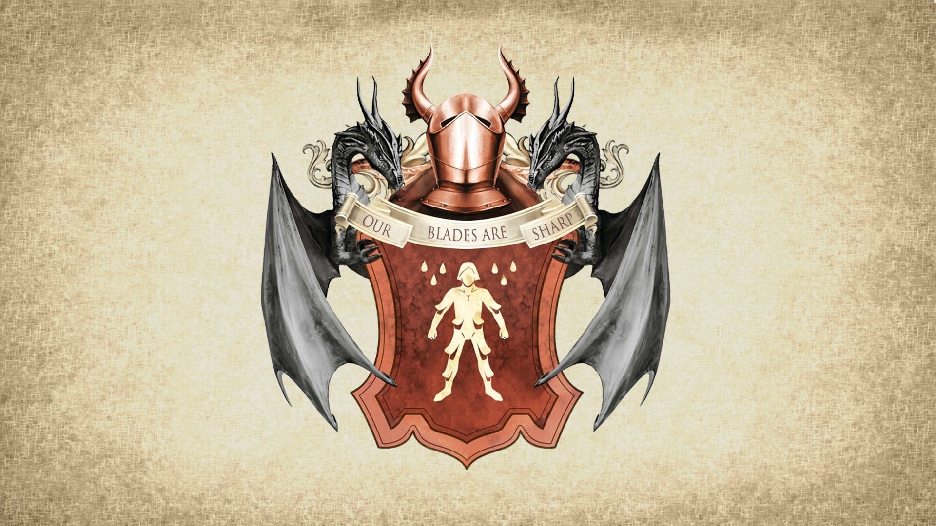 A detailed crest featuring dragons and armor, with the phrase Our Blades Are Sharp, designed as a striking HD wallpaper for fans of the TV show Game of Thrones.