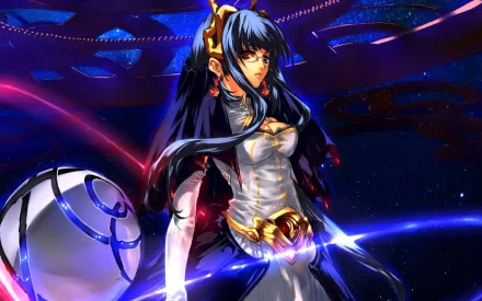 Original anime HD PC desktop wallpaper/background: a glasses-wearing heroine with long dark hair and ornate armor, holding a glowing orb against a starry sci-fi backdrop.