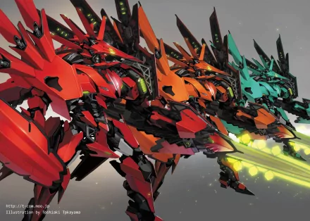 A dynamic HD anime mech wallpaper featuring a lineup of vibrant, armored robots in red, orange, and teal, showcasing intricate designs and futuristic weaponry against a muted background.