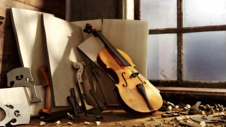 A beautifully crafted violin rests on a workbench surrounded by tools and sheets of paper, illuminated by natural light from a nearby window, creating a serene music-themed desktop wallpaper.