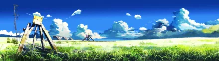 A serene HD desktop wallpaper from the anime The Place Promised In Our Early Days, featuring lush green grass under a vibrant blue sky with fluffy clouds.