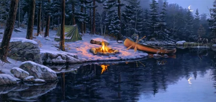 Artistic painting of a snowy forest campsite with a glowing campfire, a tent, and a canoe by a calm lake, designed as an HD PC desktop wallpaper and background.