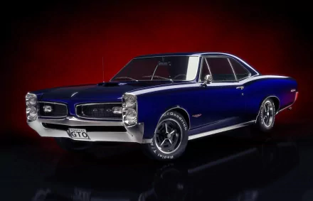 HD PC desktop wallpaper featuring a classic dark blue Pontiac GTO muscle car against a deep red background.