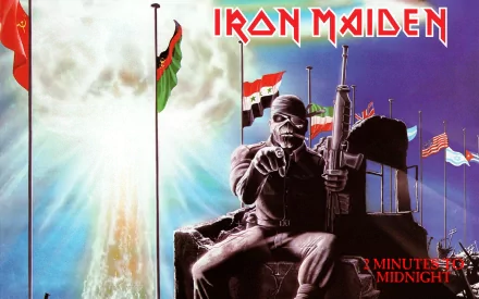 A striking HD desktop wallpaper featuring Iron Maiden's iconic artwork, showcasing vivid imagery and powerful themes associated with their music.