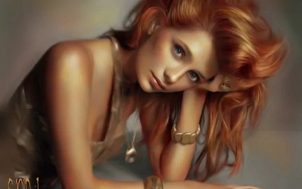 HD PC desktop wallpaper featuring a detailed, artistic portrait of celebrity Mischa Barton with flowing red hair and a contemplative expression.