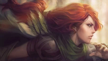 HD desktop wallpaper of Windranger from DotA 2, featuring a detailed side profile of the video game character with flowing red hair and a determined expression. Background showcases a dynamic, artistic style.