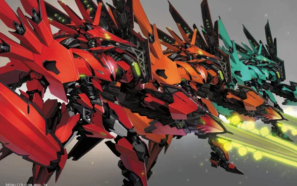 A dynamic HD anime mech wallpaper featuring a lineup of vibrant, armored robots in red, orange, and teal, showcasing intricate designs and futuristic weaponry against a muted background.