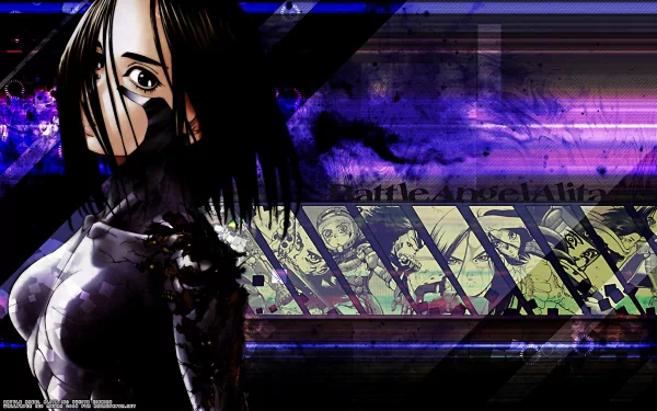 Anime-inspired HD desktop wallpaper featuring Alita from Alita: Battle Angel, showcasing a dynamic blend of colors and striking character art.