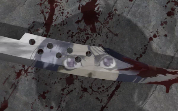 A striking HD wallpaper featuring a close-up of a blood-stained sword reflecting the eyes of Alita from Alita: Battle Angel, set against a gritty background.