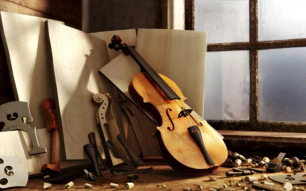 A beautifully crafted violin rests on a workbench surrounded by tools and sheets of paper, illuminated by natural light from a nearby window, creating a serene music-themed desktop wallpaper.