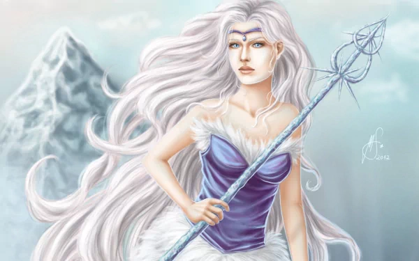 HD fantasy desktop wallpaper featuring a confident woman warrior with flowing white hair, holding a spear against a serene mountainous backdrop.