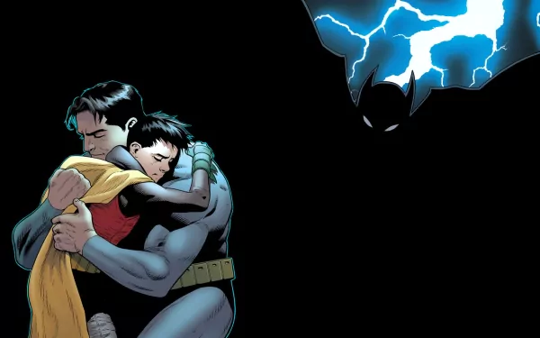 HD PC desktop wallpaper: Batman embraces Robin (DC Comics) in a moody comic scene, blue lightning above forming a bat-shaped silhouette against the black background.