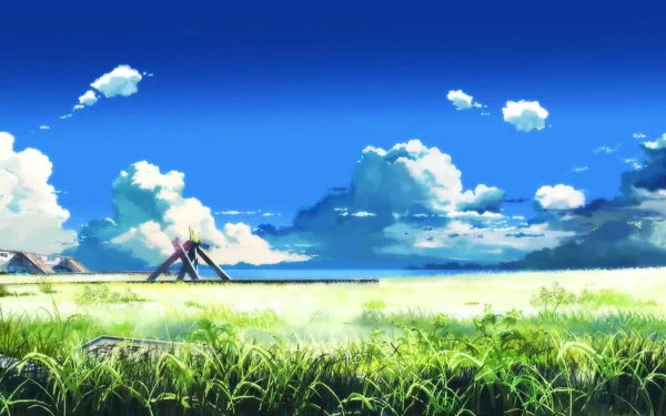 A serene HD desktop wallpaper from the anime The Place Promised In Our Early Days, featuring lush green grass under a vibrant blue sky with fluffy clouds.