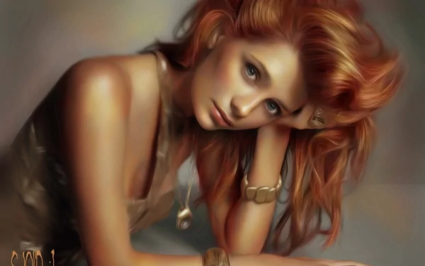 HD PC desktop wallpaper featuring a detailed, artistic portrait of celebrity Mischa Barton with flowing red hair and a contemplative expression.