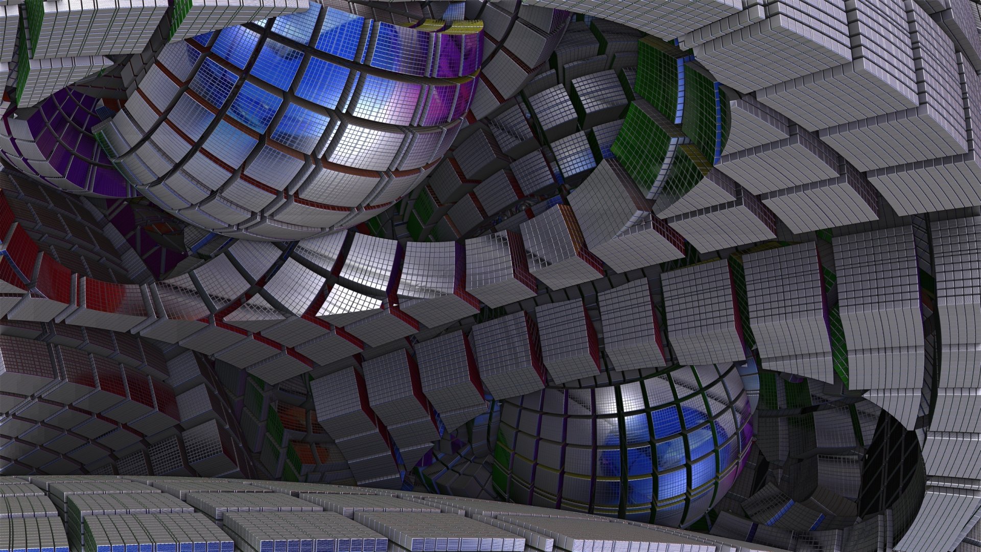 Artistic 3D digital artwork featuring reflective, grid-patterned spheres and curved architectural elements, designed as an HD PC desktop wallpaper and background.