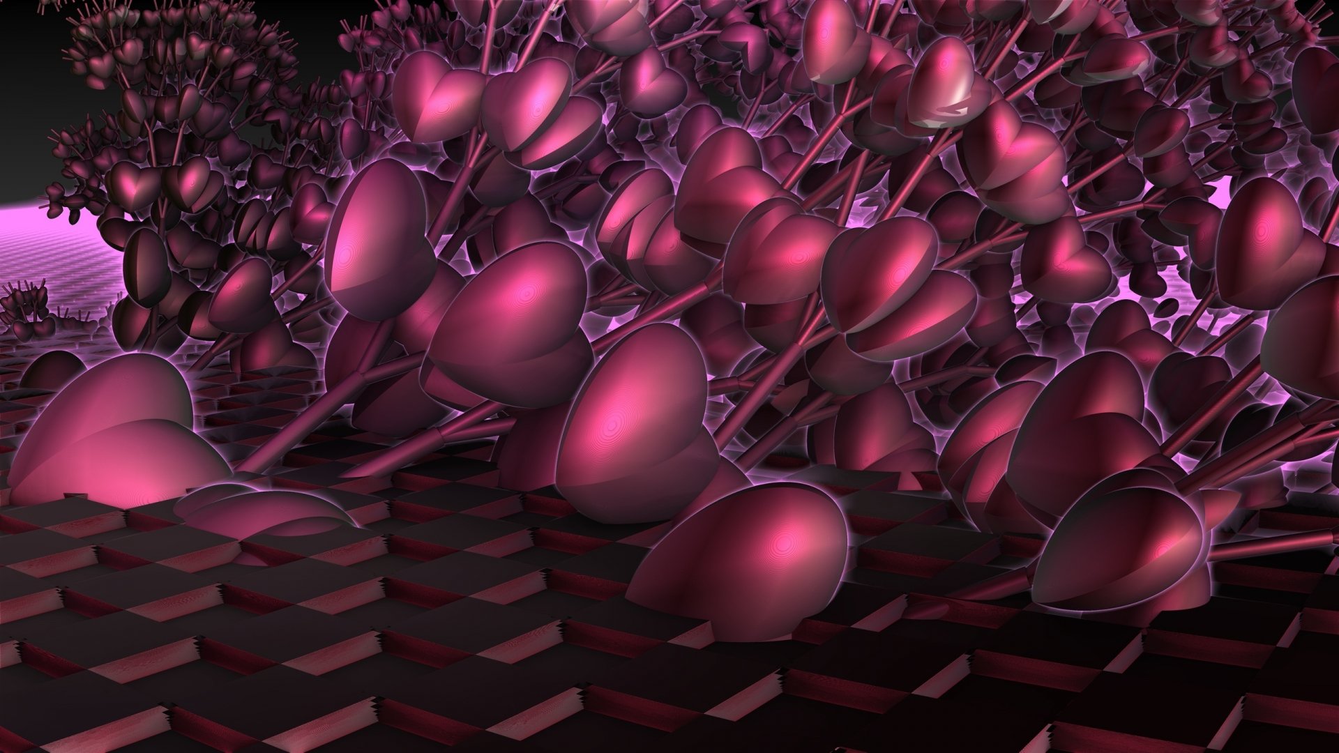 Artistic 2K Quad HD PC desktop wallpaper and background of glossy pink-purple hearts clustering above a dark textured grid.