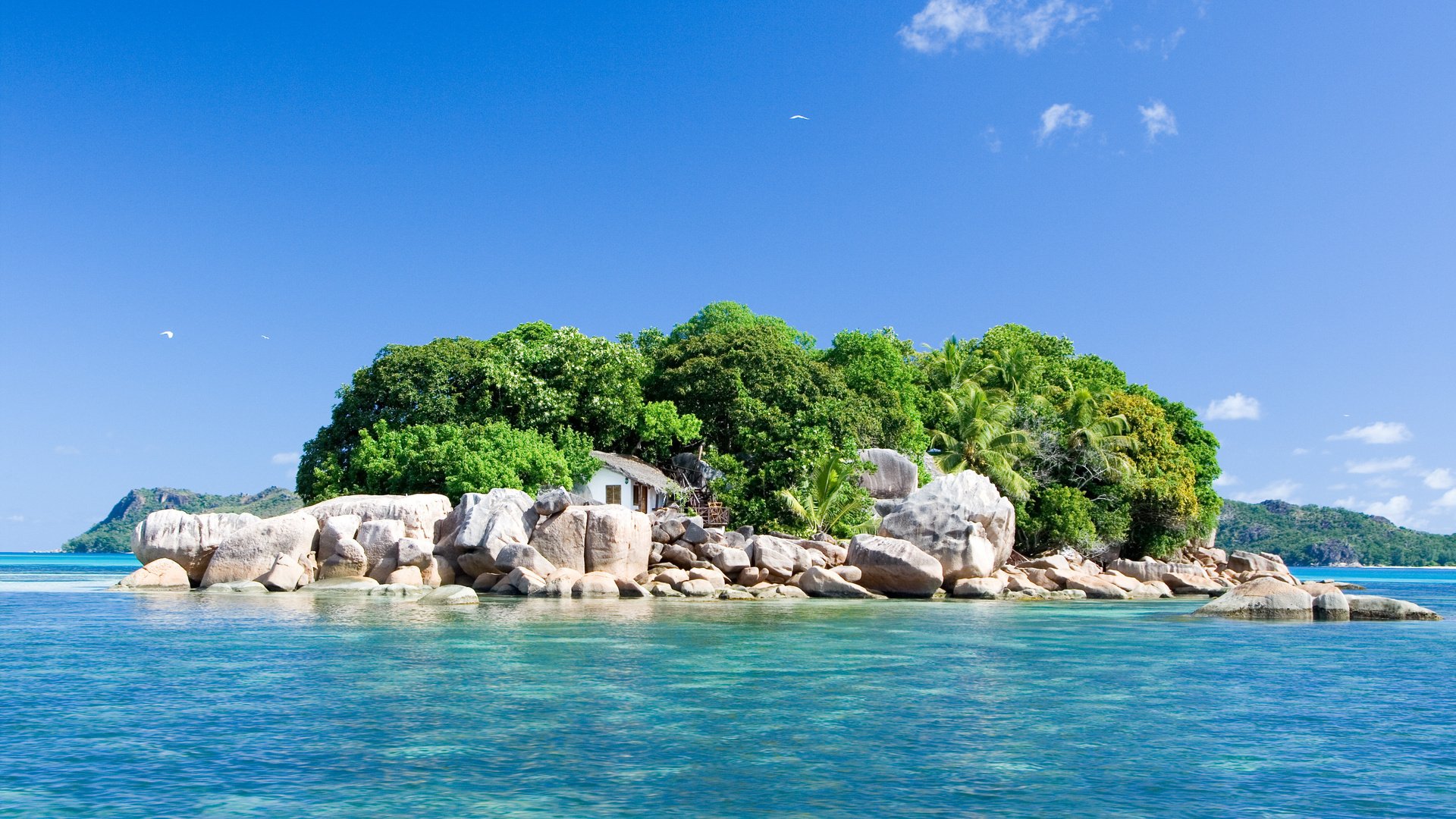HD landscape photography of a small, lush island with rocky shores surrounded by clear blue water under a bright sky, designed as a PC desktop wallpaper.