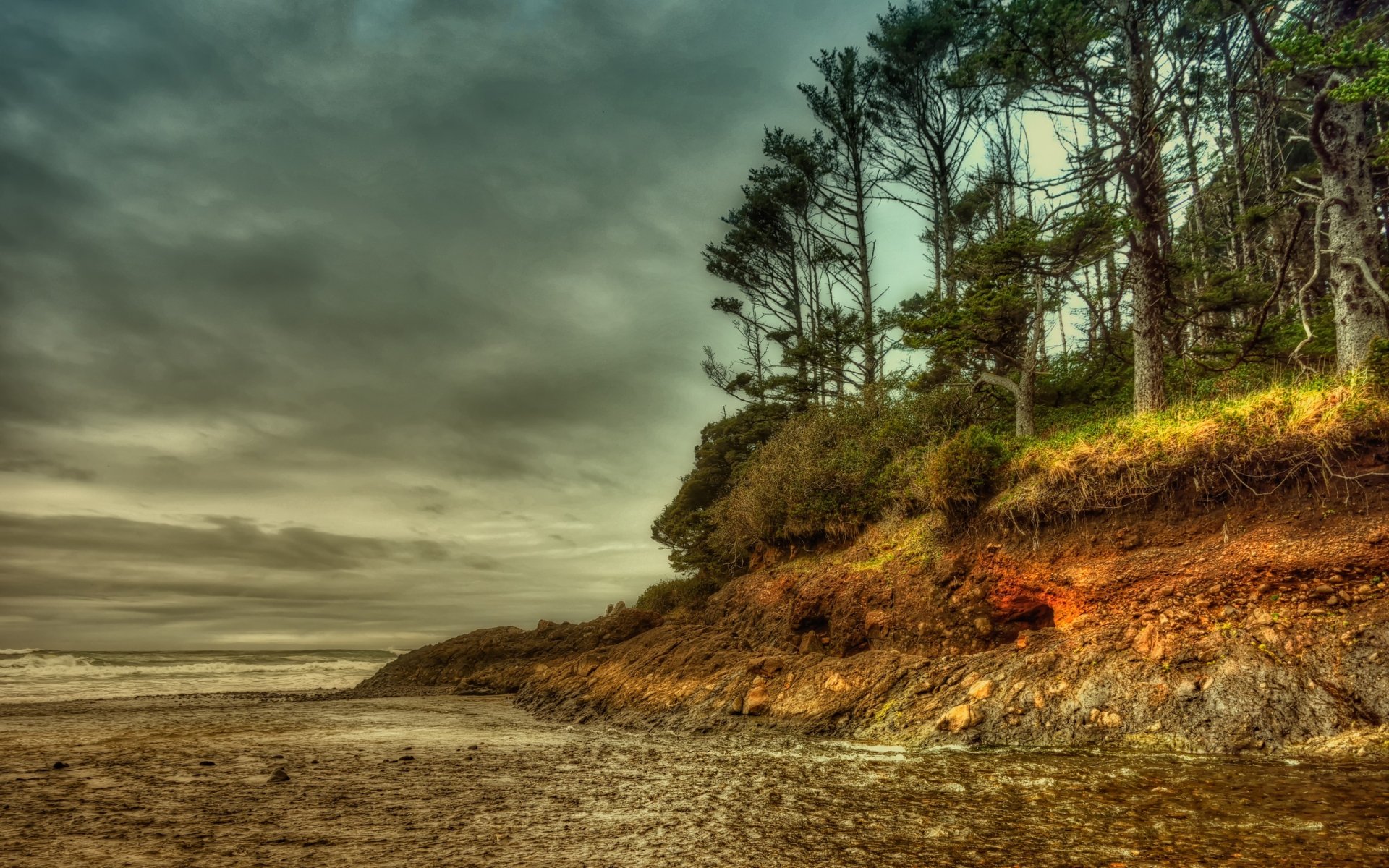 HD PC desktop wallpaper featuring a serene coastal landscape with rugged shoreline, tall trees, and a moody sky showcasing nature’s tranquil beauty.