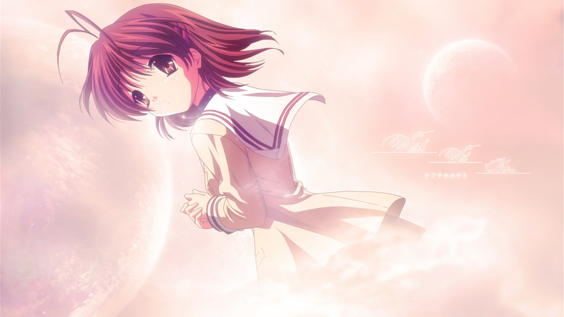 HD PC desktop wallpaper featuring Nagisa Furukawa from the anime Clannad, surrounded by soft pink clouds and a dreamy celestial background.