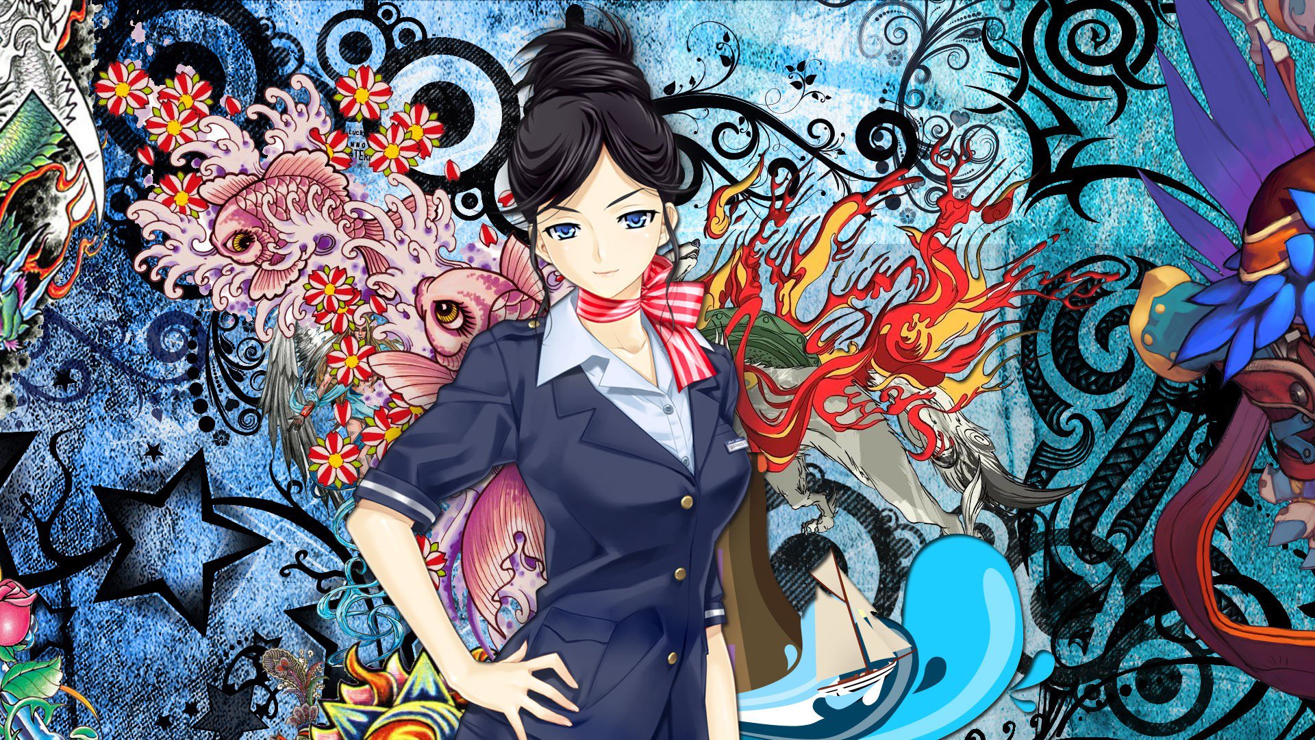 HD PC desktop wallpaper featuring an anime character from Master of Martial Hearts with vibrant, intricate background art blending floral and abstract elements.