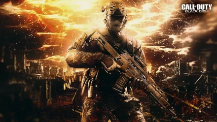 A dynamic HD wallpaper featuring a soldier from Call of Duty: Black Ops II, poised with a weapon against a dramatic, fiery background, evoking intense action and warfare.
