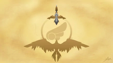 HD wallpaper featuring Quinn from League of Legends, showcasing her iconic design against a soft, golden background with symbolic elements related to the game.