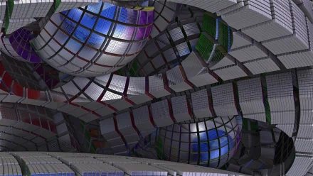 Artistic 3D digital artwork featuring reflective, grid-patterned spheres and curved architectural elements, designed as an HD PC desktop wallpaper and background.