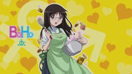 HD PC desktop wallpaper featuring Mayu Miyano from the anime B Gata H Kei, holding a whisk and mixing bowl with a bright yellow heart-patterned background.