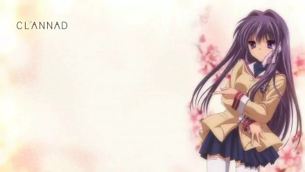 HD PC wallpaper of Kyou Fujibayashi (Clannad): purple‑haired schoolgirl in uniform with arms crossed at right, soft pink floral background and CLANNAD logo at left.