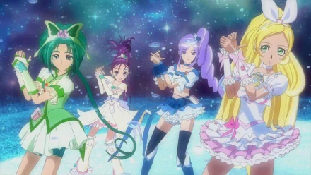 HD anime desktop wallpaper featuring four Pretty Cure! characters in colorful, detailed costumes against a sparkling, starry background.