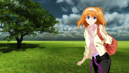 HD PC desktop wallpaper of Kaede Fuyou from Shuffle! — anime girl with orange hair and blue eyes standing in a grassy field by a lone tree under a dramatic cloudy sky, carrying a red bag.