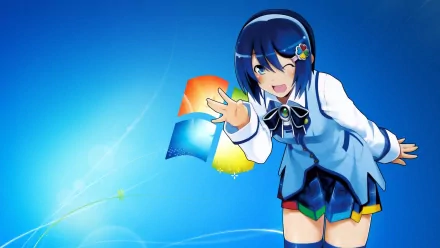 A vibrant HD desktop wallpaper featuring an anime character, Os-tan, cheerfully waving against a bright blue background with the Windows logo.