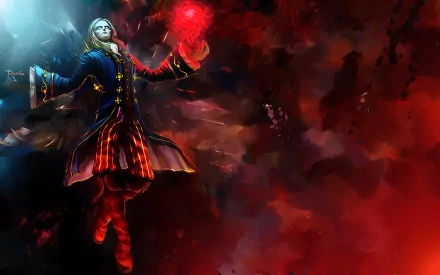 Vladimir from League of Legends is depicted in this vivid HD wallpaper, showcasing his mastery of blood magic against a dramatic backdrop of red and dark hues.