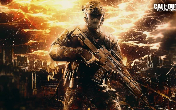 A dynamic HD wallpaper featuring a soldier from Call of Duty: Black Ops II, poised with a weapon against a dramatic, fiery background, evoking intense action and warfare.