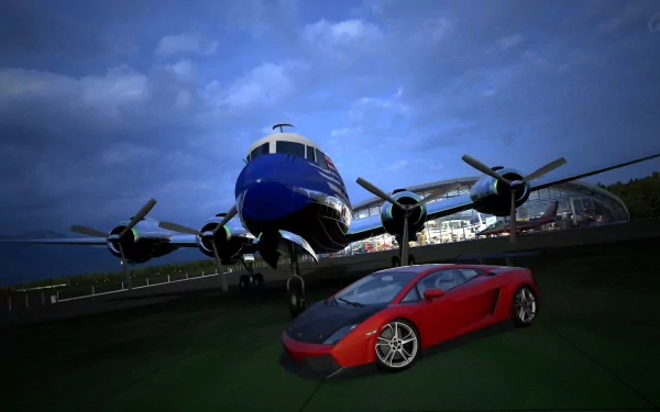 A vibrant 4K Ultra HD wallpaper featuring a red Lamborghini Gallardo parked in front of a large propeller airplane under a cloudy sky.