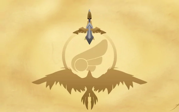 HD wallpaper featuring Quinn from League of Legends, showcasing her iconic design against a soft, golden background with symbolic elements related to the game.