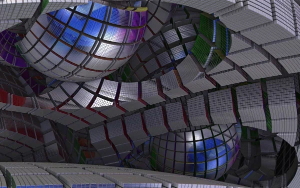 Artistic 3D digital artwork featuring reflective, grid-patterned spheres and curved architectural elements, designed as an HD PC desktop wallpaper and background.