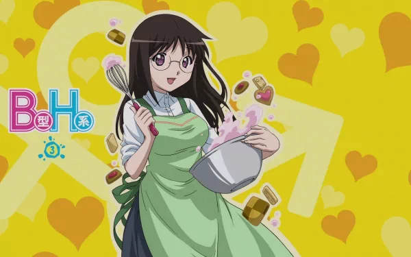 HD PC desktop wallpaper featuring Mayu Miyano from the anime B Gata H Kei, holding a whisk and mixing bowl with a bright yellow heart-patterned background.