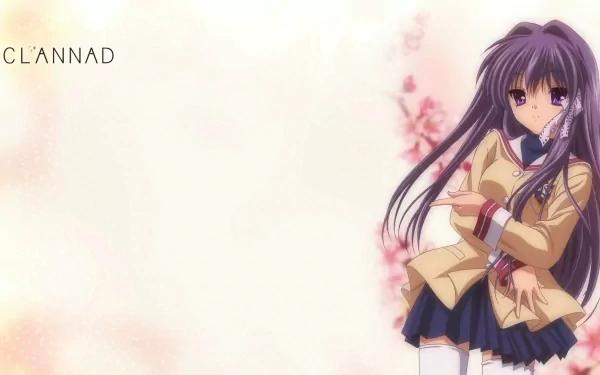 HD PC wallpaper of Kyou Fujibayashi (Clannad): purple‑haired schoolgirl in uniform with arms crossed at right, soft pink floral background and CLANNAD logo at left.