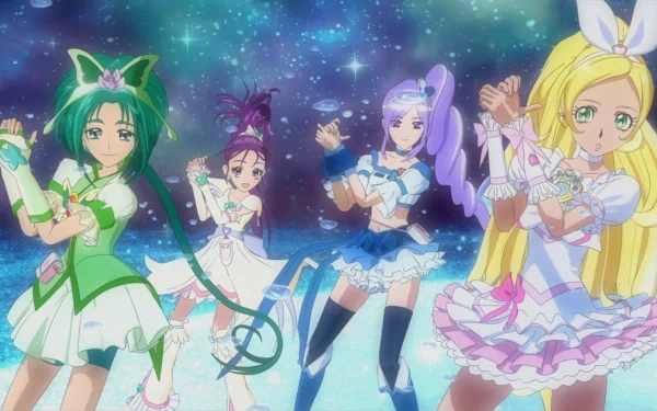 HD anime desktop wallpaper featuring four Pretty Cure! characters in colorful, detailed costumes against a sparkling, starry background.